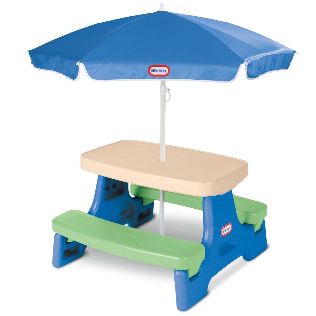Little Tikes Outdoor Portable Kids Picnic Table with Umbrella, Blue Green, Ages 2+
