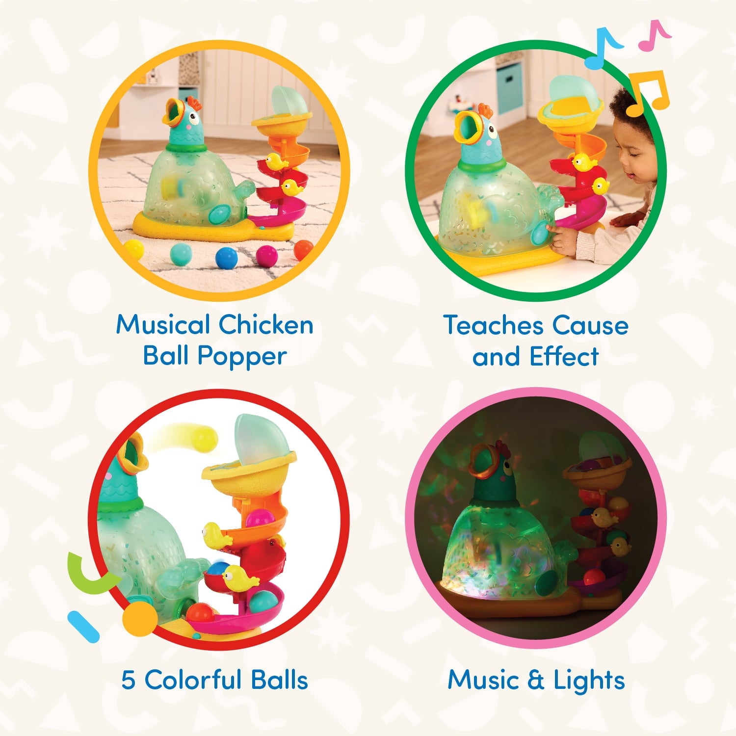 Battat Pop-a-Doodle-Doo Chicken Ball Popper with Music Lights, Learning Toy for Baby and Toddler
