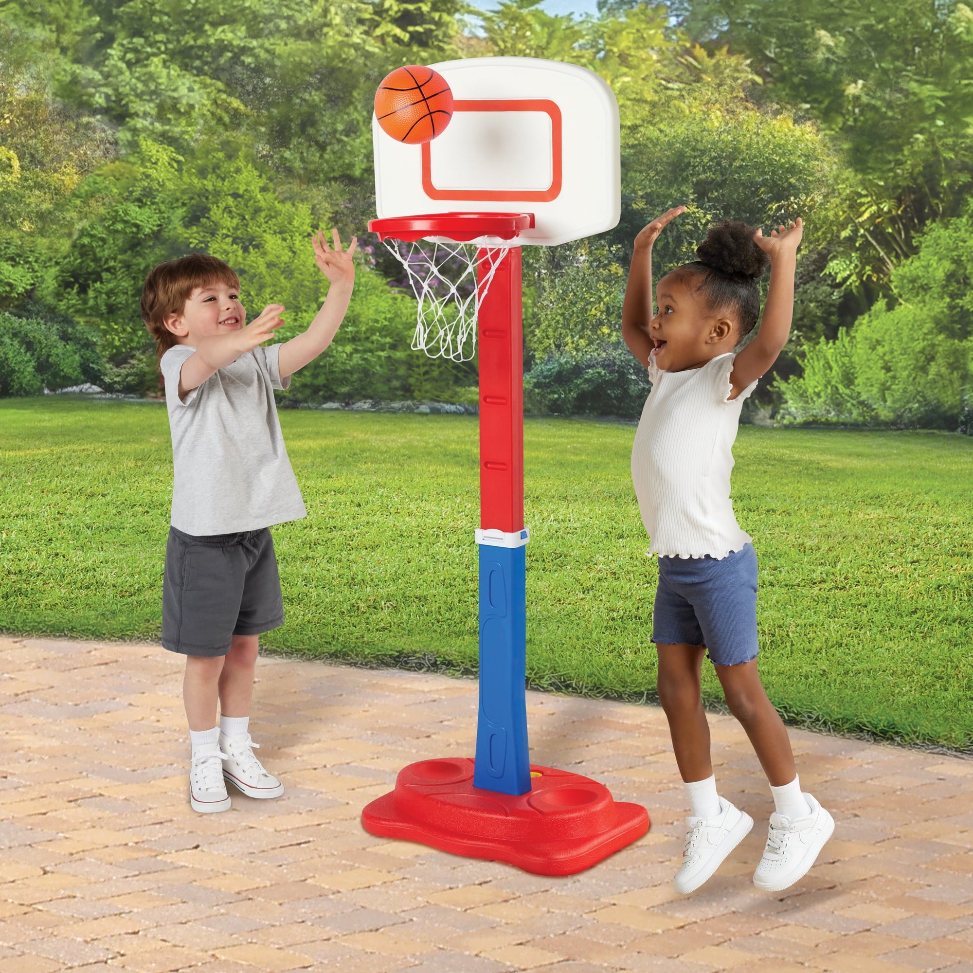 Play Day Adjustable Basketball Goal with Built-In Ball Storage and Easy Assembly