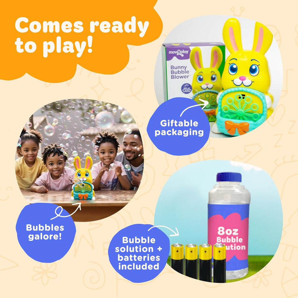 Move2Play, Bunny Bubble Blower | Easter Toy & Gift for Toddlers & Kids | Bubble Machine Toy for Girls & Boys Ages 1-4+ | Indoor/Outdoor Fun | Birthday & Easter Basket Stuffer