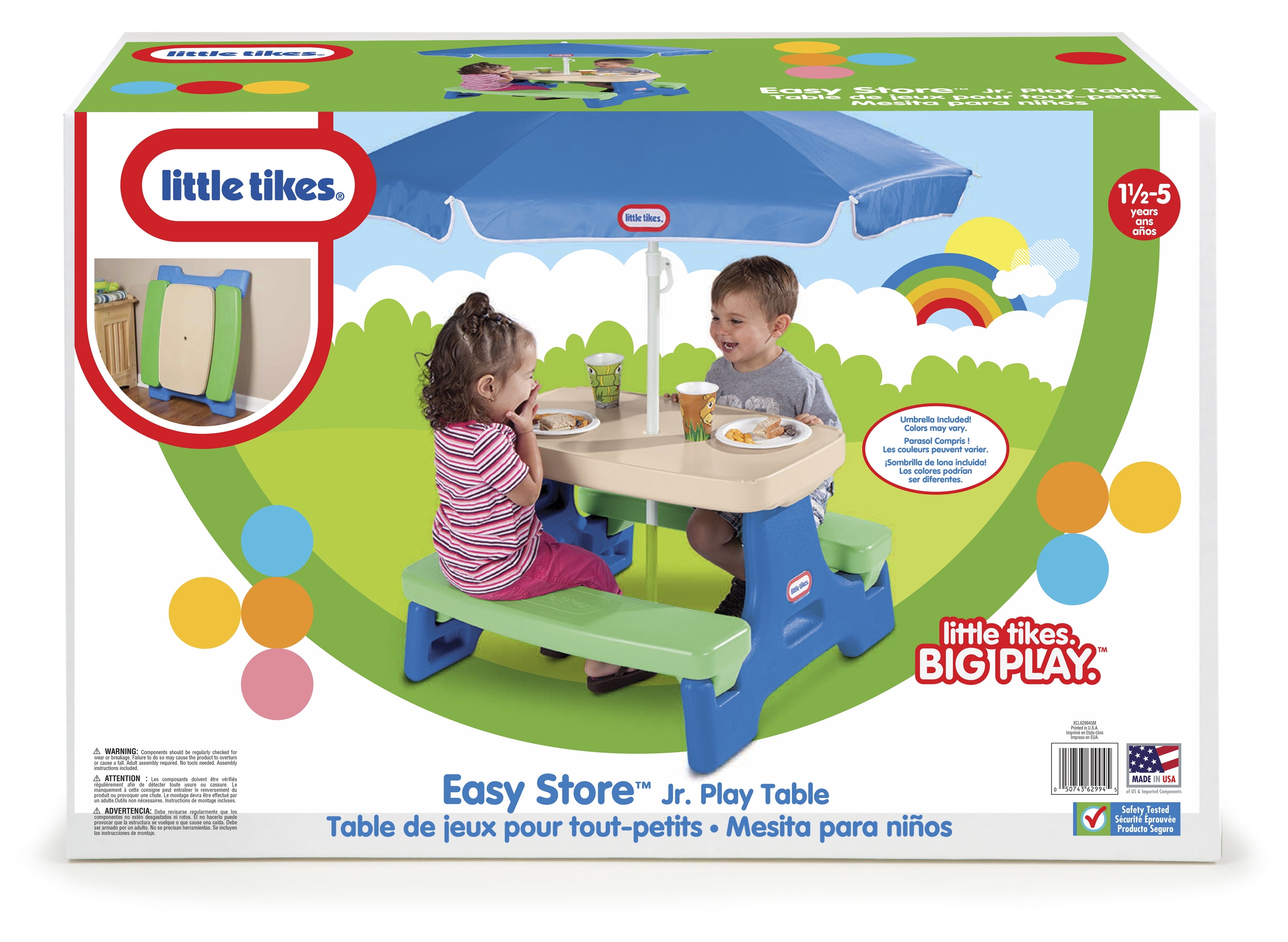 Little Tikes Outdoor Portable Kids Picnic Table with Umbrella, Blue Green, Ages 2+