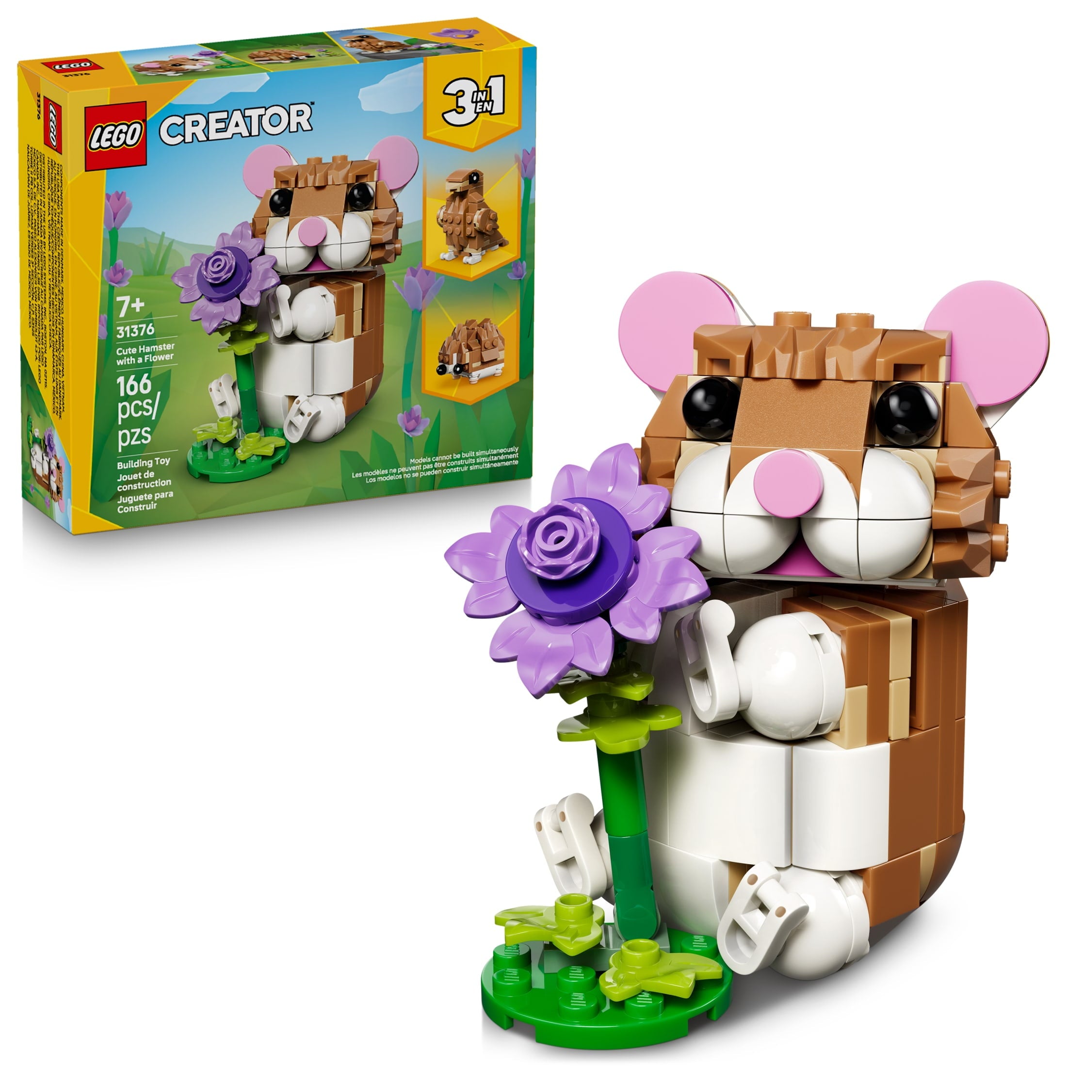 LEGO Creator 3 in 1 Cute Hamster with a Flower Building Toy for Girls & Boys, Ages 7+ - Kids Build a Hamster, Hedgehog or Eagle Animal Figure - Gift Idea for Birthdays - 31376