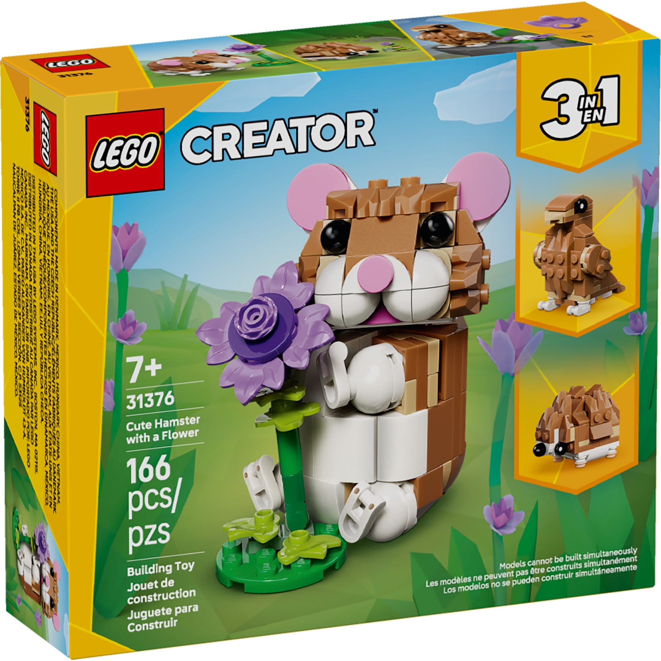 LEGO Creator 3 in 1 Cute Hamster with a Flower Building Toy for Girls & Boys, Ages 7+ - Kids Build a Hamster, Hedgehog or Eagle Animal Figure - Gift Idea for Birthdays - 31376