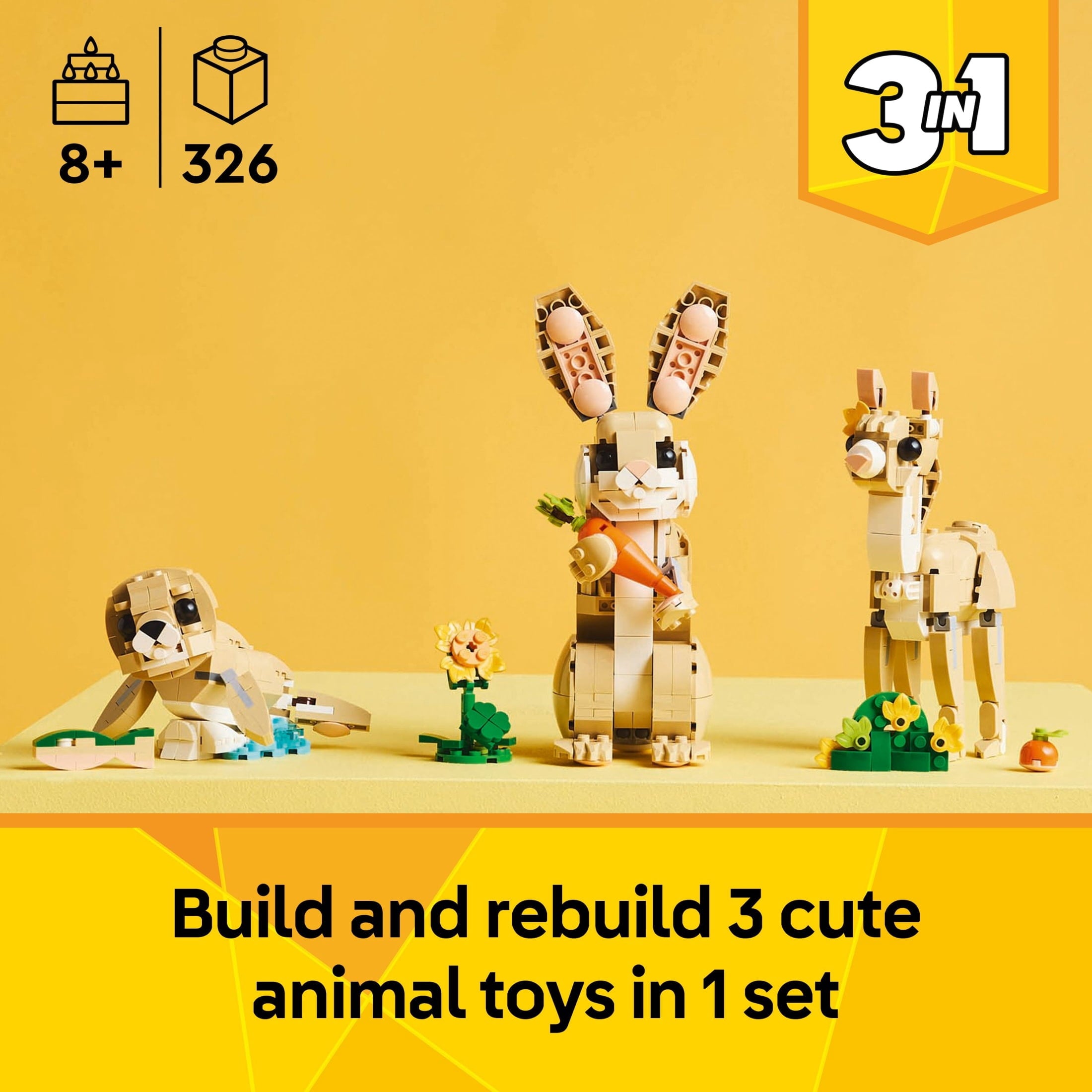LEGO Creator 3in1 Cute Bunny Toy - Building Toys Set W/ 3 Build Options, Bunny, Seal, or Llama - Animal Figures for Kids, Girls & Boys, Ages 8+ - Gift Ideas for Birthdays - 31162
